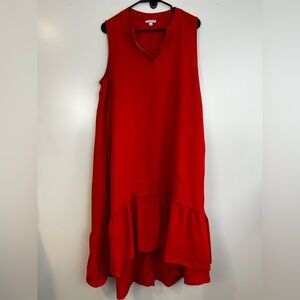 Cristina Vergani Red Ruffle High-Low Linen Blend Midi Shift Dress Large